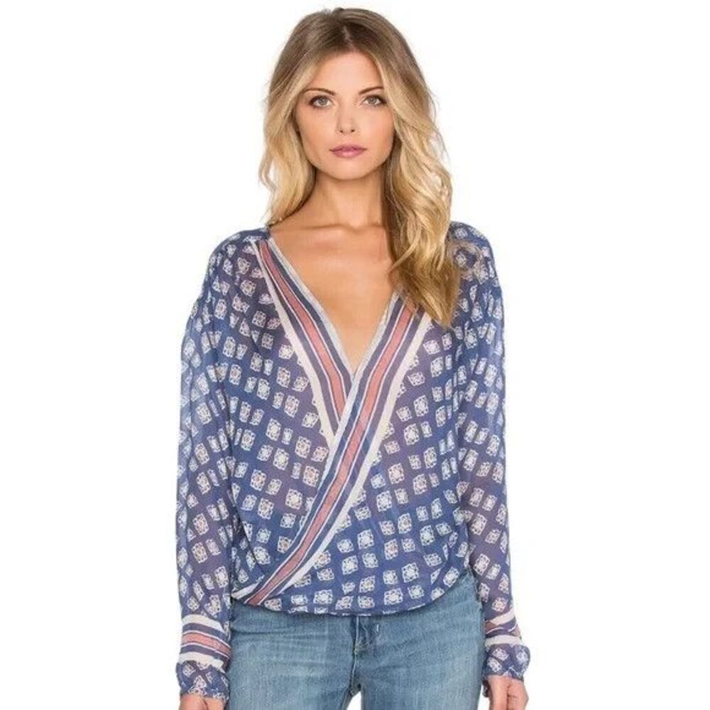 Free People Before Dawn Blouse Small Wrap Twist Sheer Boho Aztec Print